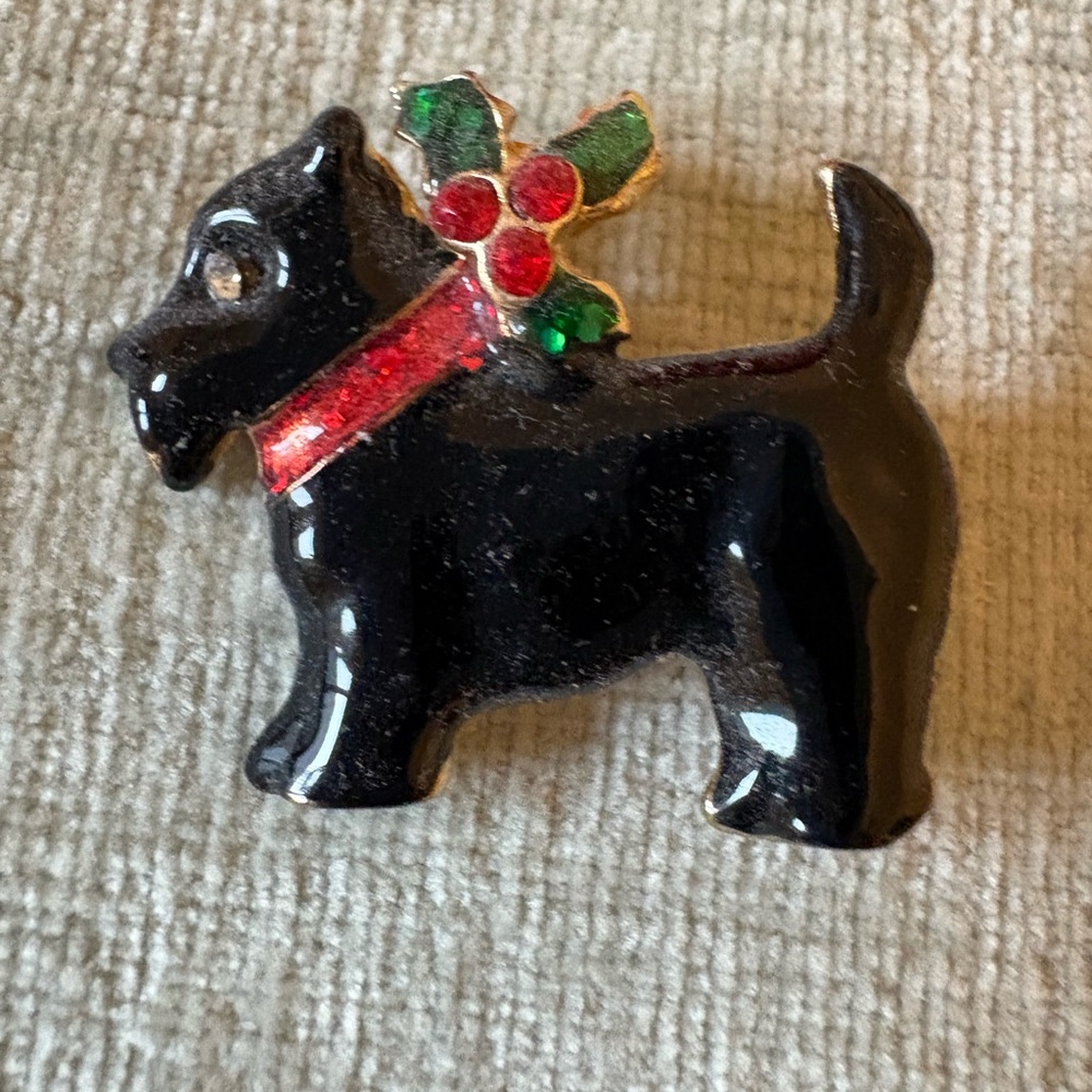 Festive Black Dog Brooch with Red and Green Accents
